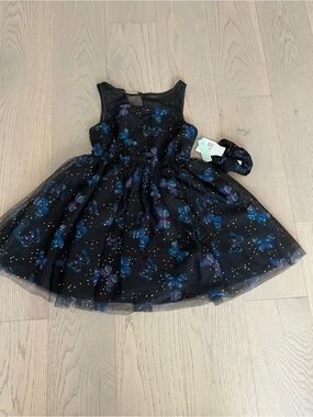 Girls' Black Butterfly Print Formal Dress with Scrunchie